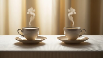 Fototapeta premium Two elegant cups of coffee on white tablecloth with delicate steam