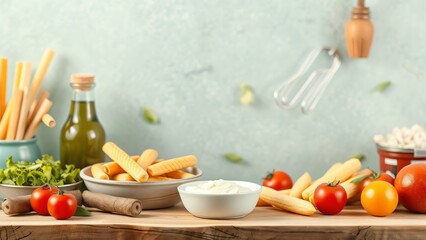 Rustic Mediterranean Snack Scene with Breadsticks, Tomatoes, and Creamy Dip