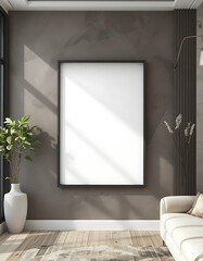 Empty frame mockup with a black edge border, ISO A paper size. Living room wall poster empty mockup. Interior scene featuring a house background. Modern interior design setting. Realistic 3D render.