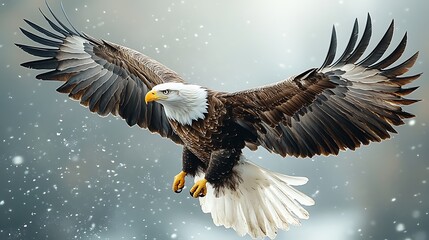 Fototapeta premium A majestic eagle soaring through the sky with its wings fully spread, against a backdrop of snowy mountains.