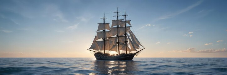 Fototapeta premium Calm and peaceful seascape of a tall ship sailing on the horizon under a serene blue sky, sea, horizon line, sunny sky