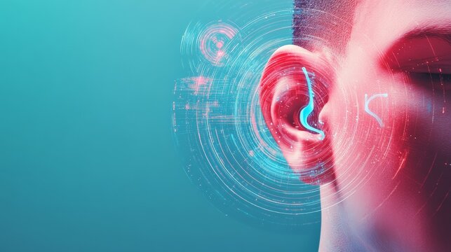 Futuristic interface analyzing sound waves entering a patient's ear, representing innovative hearing technology and advanced diagnostics in audiology research
