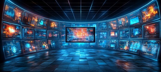 Futuristic Command Center with Multiple Screens Displaying Digital Data and Video Feeds