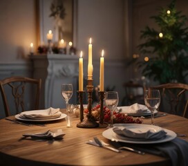 Candlelit dinner for two on a romantic table setting, cozy, candlelight