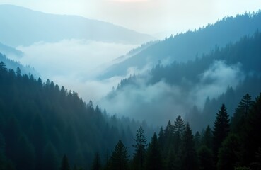 Misty mountain landscape. Dense forest veiled in morning fog. Scenic view of misty hills. Tranquil environment. Natural scenery perfect for nature lovers. Ideal for travel, tourism. Beautiful