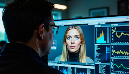 Man analyzing data on screen with focused woman portrait