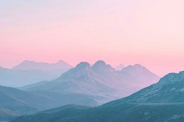 Minimalist mountain range bathed in pastel colors at dawn, with soft, muted tones creating a serene and calming landscape
