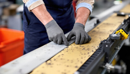 Factory Worker Precision: Inspecting Metal Sheets on a Conveyor Belt