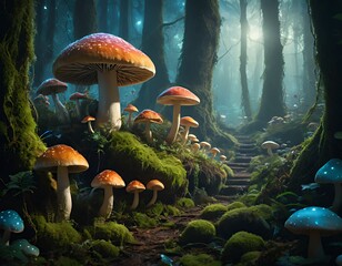 Enchanted Mushroom Forest Path: A Mystical Journey Through Luminescent Fungi and Mossy Trails