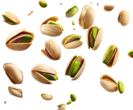 Freshly shelled pistachios scattered against a white background create a vibrant and appetizing display of nut variety on transparent background