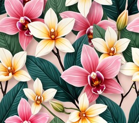 Obraz premium Tropical floral wallpaper pattern shows orchids, monstera leaves. Assorted tropical flowers, leaves on pink background. Seamless floral print ideal for textile design, home decor. Vivid colors,
