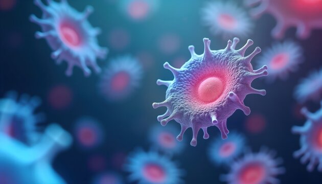 Microscopic illustration of human cells in deep blue background. Cells appear 3D with detailed structure. Image shows details of cell nuclei. Biomedical graphic suitable for educational materials, - Powered by Adobe