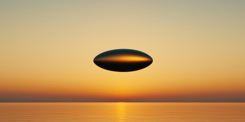 Floating airborne smooth concept. A mysterious flying object hovers over a tranquil ocean at sunset, creating an intriguing and otherworldly atmosphere.
