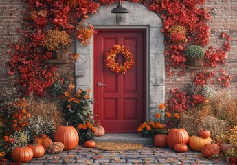 Naklejka premium Charming Autumn Entrance with Red Door Surrounded by Vibrant Fall Foliage, Pumpkins, and Seasonal Decorations, Perfect for Celebrating Harvest Season