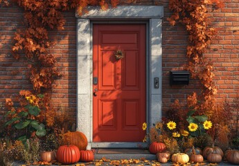 Naklejka premium Charming Autumn Entrance with Rustic Red Door Surrounded by Colorful Pumpkins, Fall Foliage, and Vibrant Sunflowers, Perfect for Seasonal Decor Inspiration