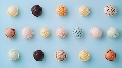 Scoops of various ice cream flavors arranged on blue background. National Ice Cream Day