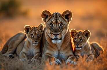 Lioness with two cubs resting in savanna grassland at sunset. Family protection concept. Majestic animals. Wild african mammals in natural habitat. Golden light emphasizes scene. Beautiful portrait