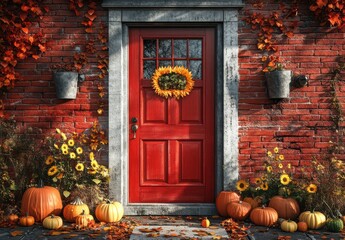Naklejka premium Charming Red Door Decorated with Sunflowers and Autumn Pumpkins Surrounded by Vibrant Fall Foliage and Seasonal Touches in a Cozy Residential Setting