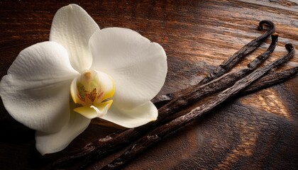 Fototapeta premium Delicate white orchids and vanilla beans carefully arranged on a rich wooden surface