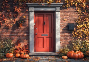 Naklejka premium Charming red door surrounded by autumn leaves and pumpkins in a serene neighborhood setting, perfect for seasonal themes and home decor inspiration.