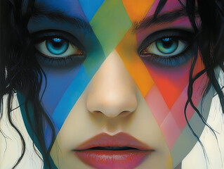 Closeup portrait of a woman with vibrant, geometric makeup.  Her expressive eyes and dark, wavy hair contrast beautifully with the bold, colorful design.