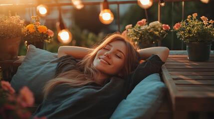 Young smiling woman relaxing on a cozy outdoor terrace among flowers and warm lighting