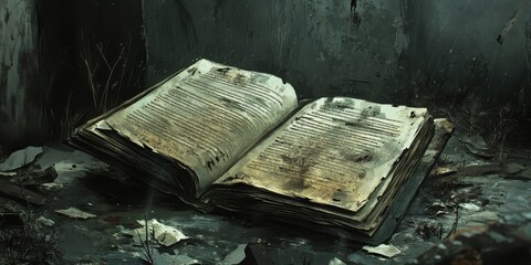 Ancient weathered book lies abandoned in ruins