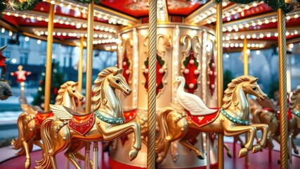 Christmas carousel with gleaming metal horses and swan decorations, winter holiday scene, swan decorations, joyful music