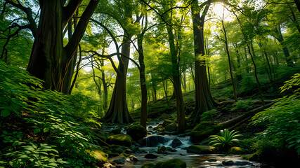 Fototapeta premium Beautiful spring pattern of mountain forest with morning sunlight through the trees and peaceful creak stream flowing down. Stunning landscape, green summer leaves idyllic serene lush foliage. Inspire