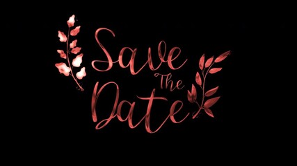 Elegant coral script design with Save the Date text and leaves perfect for wedding invitations and event stationery designs.