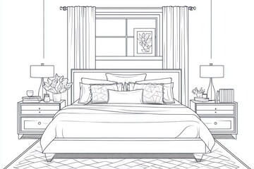 Bedroom interior design sketch showing bed, nightstands, lamps, curtains, and rug.