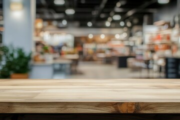 Wooden table, cafe backdrop, blurred interior, product display