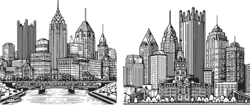 Outline Pittsburgh skyline. Trendy template with Pittsburgh city buildings and landmarks in line style. Stock vector design vector, 