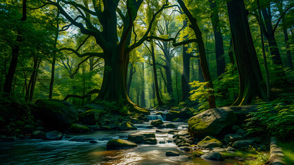 Obraz premium Beautiful spring pattern of mountain forest with morning sunlight through the trees and peaceful creak stream flowing down. Stunning landscape, green summer leaves idyllic serene lush foliage. Inspire