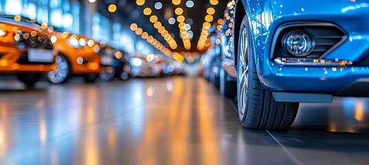 Gleaming Contemporary Luxury Blue Vehicle on Showroom Polished Tiles Among Upscale Car Inventory