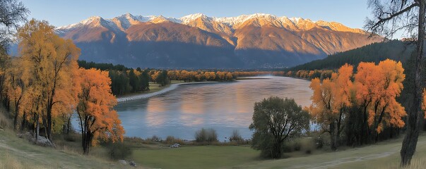 Fototapeta premium Autumnal River Landscape: Majestic Mountains and Golden Trees