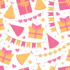 Seamless pattern with gift boxes, party hats and garlands in pink and yellow colors on white background. Birthday, anniversary celebration. Vector flat illustration for wallpaper, textile, packaging