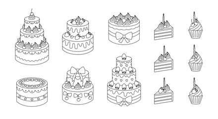 Coloring page with birthday cakes, cake slices and cupcakes with candles. Holiday desserts for anniversary, party. Festive confectionery outline set. Coloring book for print. Vector illustration