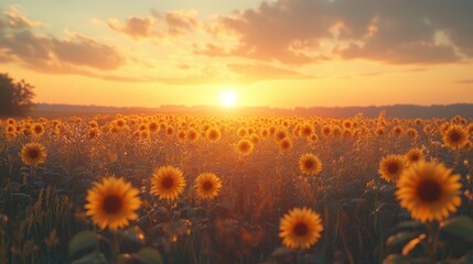 Obraz premium Sunsets over field sunflowers, summer landscape, nature photography