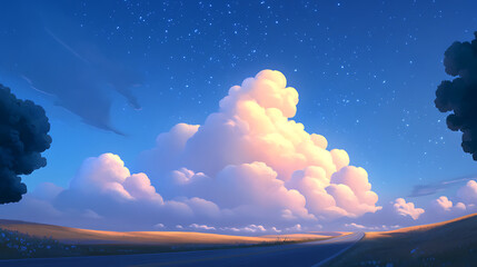 Fototapeta premium Starlit Night Sky over Serene Landscape with Illuminated Clouds