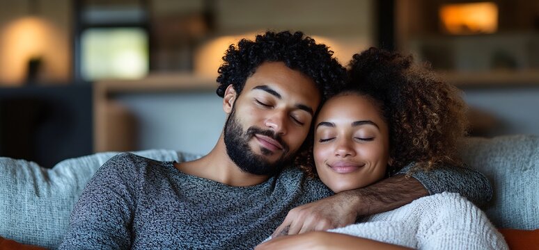 Couple resting on couch, domestic bliss, cozy home, peaceful moment, stock photo