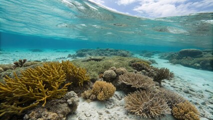Naklejka premium Close-up of an atoll's surface with coral and seaweed, texture, ocean floor, algae