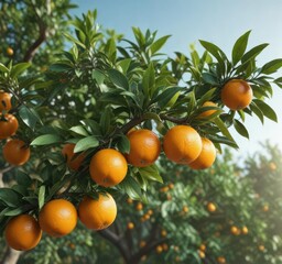 Close-up of an orange tree branch with green leaves and oranges, close-up, leaves, botanical, oranges, fresh