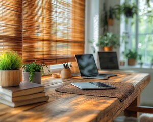 Sunlit workspace with laptops, plants, and books on a wooden desk.