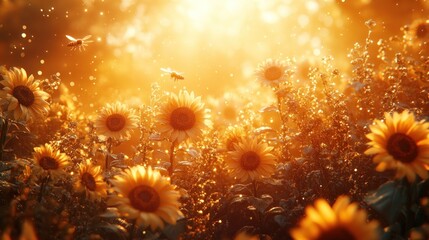 Fototapeta premium Golden Hour Sunflowers, Bees Flying, Field, Summer, Peaceful Background, Nature Poster