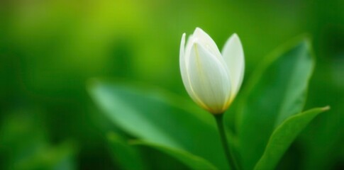 Obraz premium delicate white petals unfolding on a lush green leaf, garden, nature, spring