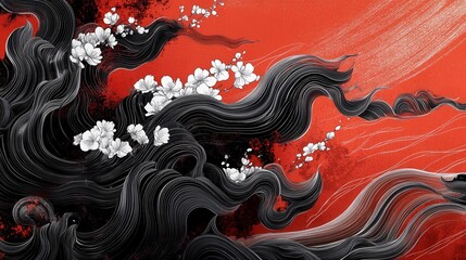 abstract black and white floral design on a vibrant red background