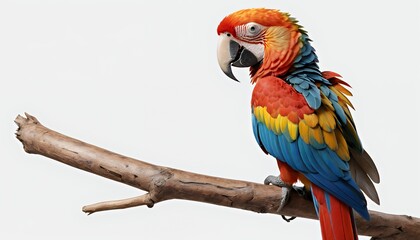 Obraz premium Scarlet Macaw Perched on a Branch: Vibrant Colors Against a White Background