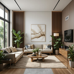 Minimalist Interior of modern living room 3D rendering