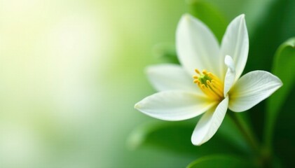 Fototapeta premium Delicate white petals unfolding on a lush olive green stem, greenery, foliage, bloom
